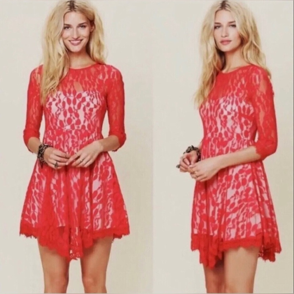 Free People Floral Embroidered Mesh Lace Mini Dress Red Size 2 EUC